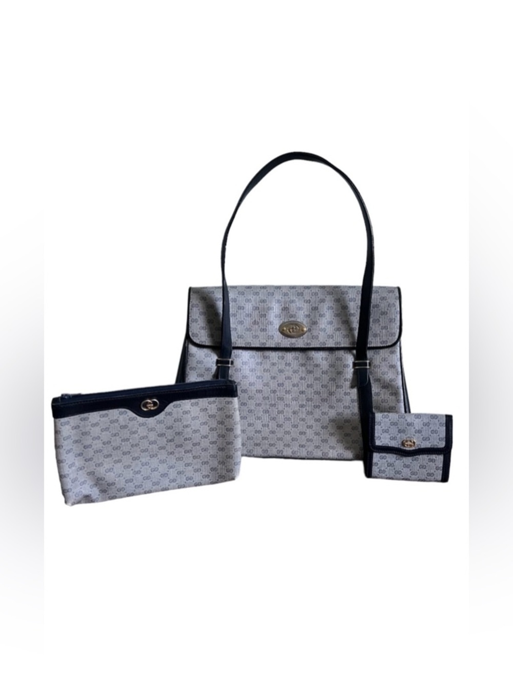 Gucci • 3pc Set Authentic Vintage Navy Blue Micro GG Handbag Purse Pouch Wallet - Picture 2 of 16